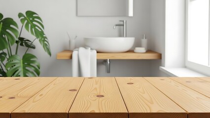 Modern bathroom interior with wooden countertop, white sink, and green plant by window