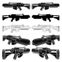 Futuristic Laser Assault Rifle Vector. Abstract Sci-Fi Automatic Carbine Gun Weapon With Silhouette Included. An Illustration Isolated On White Background.