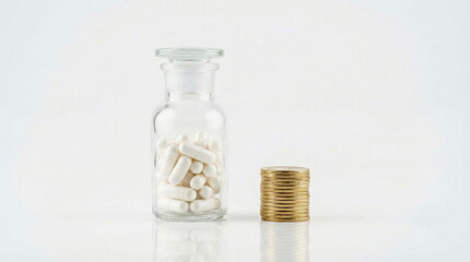 A glass bottle filled with white capsules next to a stack of gold coins on a white background, symbolizing healthcare costs and pharmaceutical expenses.