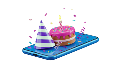 3D Render of Birthday Cake, Party Hat, and Confetti on a Smartphone