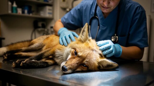 Female veterinarian examining a red fox on a metal table in a clinic. Professional vet doctor performing a medical check-up on a sedated wild animal. Wildlife rescue and healthcare concept