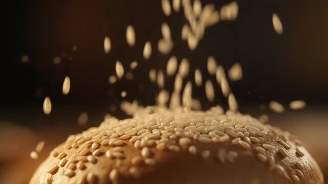 Close-up of sesame seeds being sprinkled on a fresh golden-brown hamburger bun highlighting texture and food details