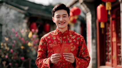 Chinese lunar new year holiday celebration. Spring festival tradition. Chunjie. Asia. A man in a red traditional Chinese cheongsam holding red envelopes.