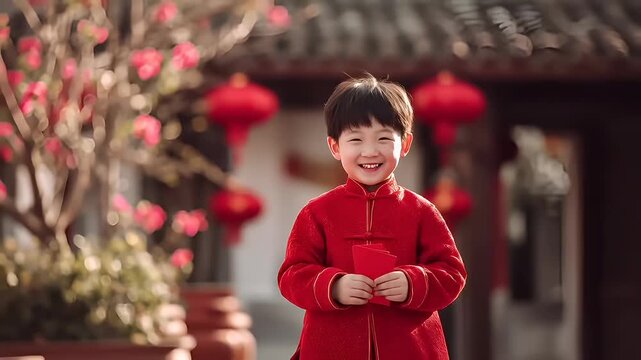 Chinese lunar new year holiday celebration. Spring festival tradition. Chunjie. Asia. A young boy in a red cheongsam holding a red envelope.