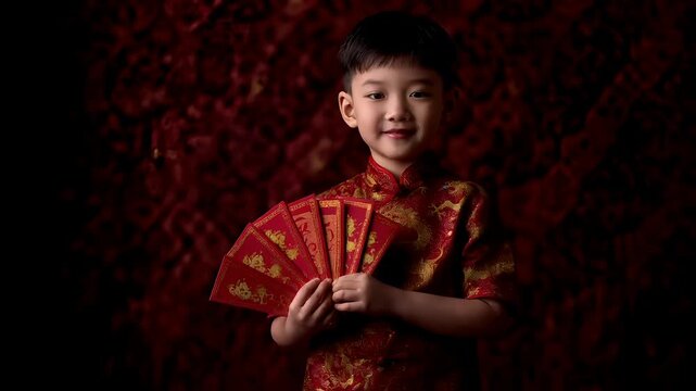 Chinese lunar new year holiday celebration. Spring festival tradition. Chunjie. Asia. A portrait of a young boy in traditional Chinese attire, holding red envelopes with golden patterns.
