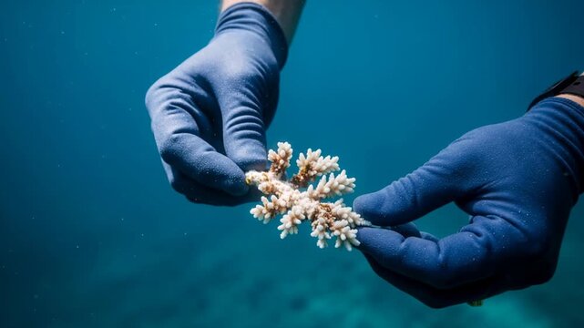 Marine scientist holding a white coral fragment underwater. Gloved hands inspecting a bleached reef specimen in the deep blue ocean. Ocean conservation and restoration concept