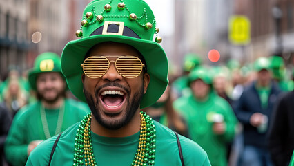 Man wearing green leprechaun hat and sunglasses, celebrating St. Patrick's Day with joyful expression, surrounded by festive crowd in vibrant green attire, embodying holiday spirit