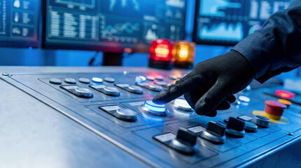 A gloved hand presses a glowing blue button on an advanced industrial control panel with digital screens displaying data in a dark, high-tech environment.