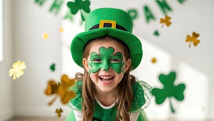 Young girl wearing green hat and shamrock face paint, joyfully celebrating St. Patrick's Day with festive decorations and vibrant atmosphere, embodying holiday spirit and fun