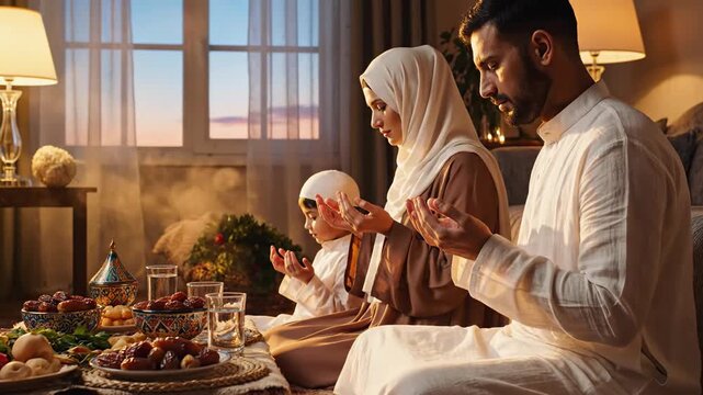 A muslim family performs a solemn ramadan prayer before iftar in the golden, cinematic light of their home.
