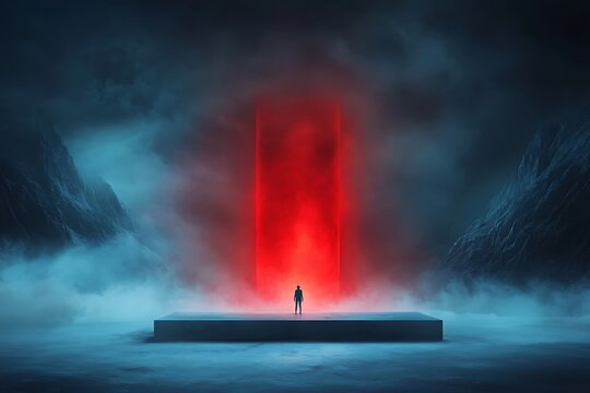 Mysterious figure standing before a glowing red portal in a dark, foggy landscape