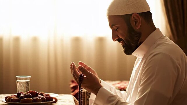 Warm, backlit profile shot of a muslim man making dua before iftar, breaking fast after a day's spiritual prison.