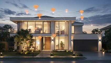 Conceptual digital overlay of glowing orange Wi-Fi signal icons and network connection lines forming a mesh over the roof and property, symbolizing high-speed internet coverage, 5G connectivity, and s