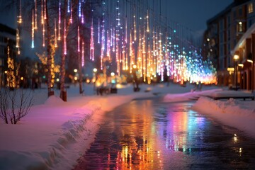Obraz premium Colorful Light Display Over Snowy Pathway at Night