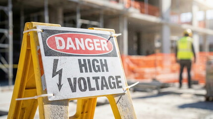 A 'Danger High Voltage' sign prominently displayed at a construction site, emphasizing critical electrical safety and hazard warnings for workers.