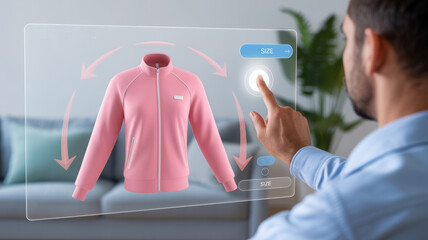 Digital display showcases a pink bomber jacket with options for "TRY-ON", a shopping cart, and social sharing icons. 
