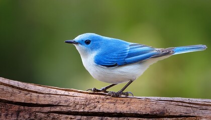 A Bright Blue And White Cerulean Warbler Perched On A Textured Log In Soft Overcast Light With A Smooth Green Background