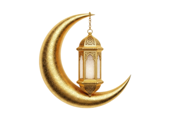 golden crescent moon with ornate lantern for ramadan eid mubarak