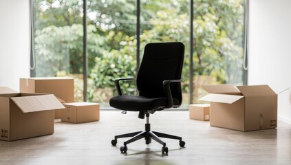 Modern Office Chair and Cardboard Boxes in Empty Room During Relocation
