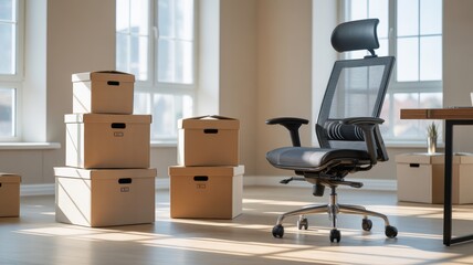 Modern Office Chair and Cardboard Boxes in Empty Room During Relocation