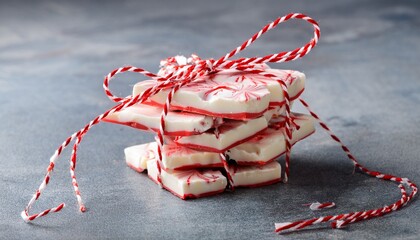 Stack Of Peppermint Bark Tied With Red And White String On Gray Surface