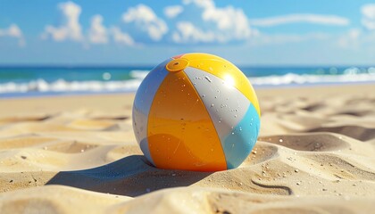 Obraz premium A vibrant beach ball sits on the sandy shore, surrounded by serene ocean waves and a clear blue sky with fluffy clouds.