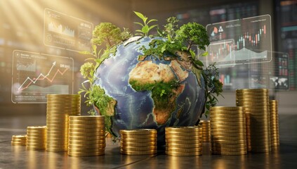 The globe is surrounded by multiple stacks of shiny gold dollar coins, symbolizing wealth and economic stability. 
