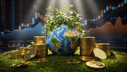 A detailed Earth globe sits on lush green grass, with fresh green plants sprouting vigorously from the top of the planet. 

