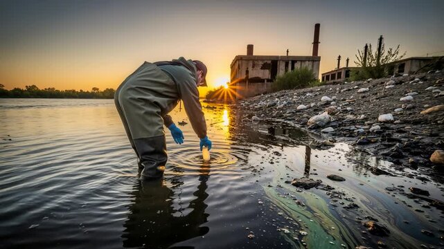 Scientist collecting water sample from polluted river at sunset. Ecologist testing toxic oil spill near industrial factory. Environmental pollution concept