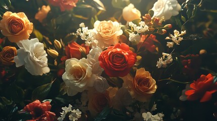 Close-up of a vibrant bouquet of roses and flowers.