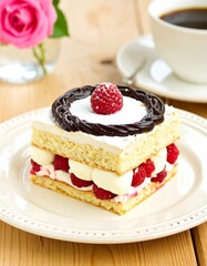 Layered sponge cake with raspberries, cream filling, powdered sugar, and chocolate ganache swirl on white plate