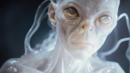Ethereal Alien Being with Pale Skin and Large Eyes in Close-Up.