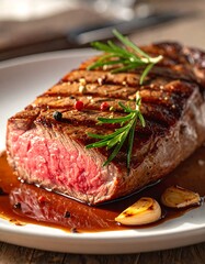 Medium-rare steak with seared crust and rosemary garnish served on a white plate with roasted garlic
