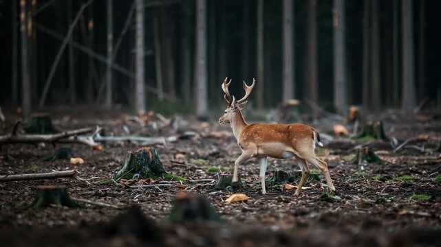 Fallow deer stag walking in a deforested clearing with tree stumps. Wild animal moving through a logging area in the forest. Environmental habitat loss concept