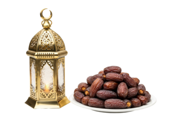 golden lantern with dates plate for ramadan eid mubarak