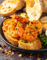 Fototapeta premium Shrimp bruschetta with chili flakes and herbs served on toasted bread slices on a white plate