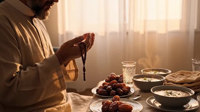 A peaceful muslim man making dua before iftar, illuminated by warm golden light near the dining table.