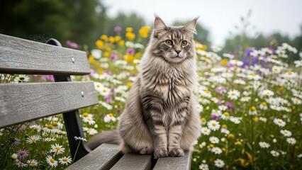 Cat sitting still on a bench among blooming daisies and wildflowers, quiet atmosphere, melancholic mood