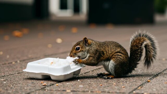 Squirrel eating styrofoam container on a paved city sidewalk. Urban wildlife scavenging for food in the street.