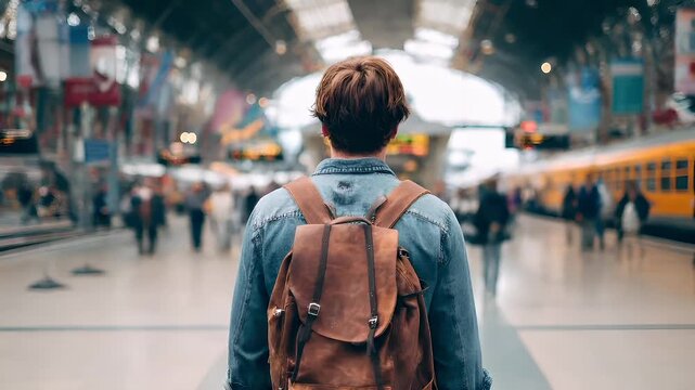 A man with a brown leather backpack stands in a bustling train station, his back to the camera. The scene is captured with a shallow depth of field.