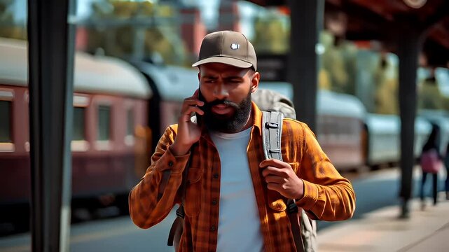 A man with a backpack and a hat stands at a train station platform, talking on a mobile phone. He is dressed in a checkered shirt and orange jacket.