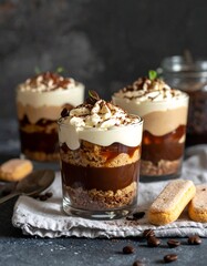 Layered tiramisu desserts in glass cups topped with whipped cream, cocoa powder, and coffee beans