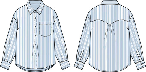 Technical CAD flat sketch of a women’s oversized striped button down shirt with front pocket, pointed collar, and western back yoke, fashion vector illustration © Hazera Creative
