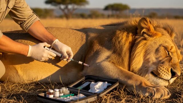 Veterinarian administering an injection to a sedated male lion in the African savanna. Wildlife conservation and medical treatment concept with a medical kit in the foreground