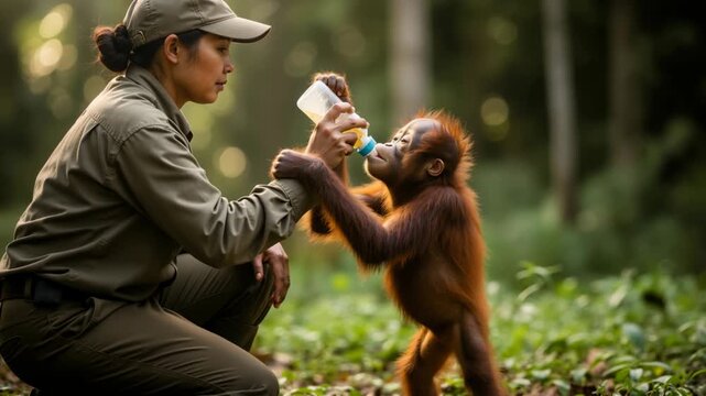 Female ranger feeding a baby orangutan with a milk bottle in the forest. Wildlife conservationist caring for a young ape in a jungle sanctuary. Animal rescue and rehabilitation concept