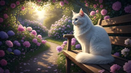 Fluffy white cat sitting patiently on a bench in a romantic flower garden, feeling of waiting and longing