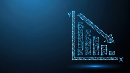 A digital graph illustrates a downward business trend with declining bars on a dark blue background
