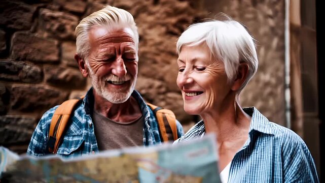 A candid shot of two elderly individuals engrossed in reading a map in an urban setting. The man on the left is wearing a blue and white checkered shirt.