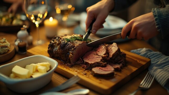 person cutting roast beef at busy dinner table, there is a dish of butter on the table, photo realistic