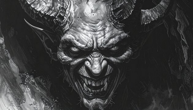 A menacing demon face emerges from darkness, fangs bared, with horns and eerie presence, close-up illustration, horror atmosphere